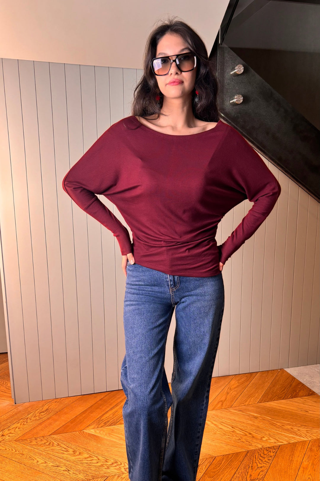 Bordo Beli Büzgülü Bluz