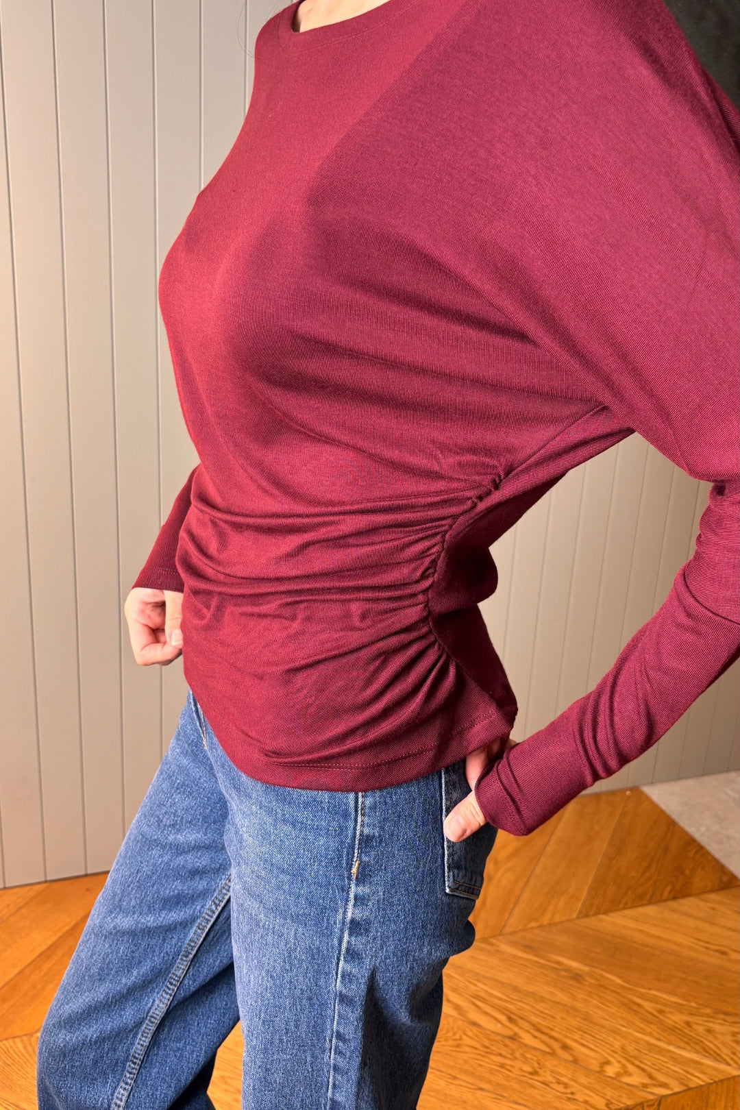 Bordo Beli Büzgülü Bluz