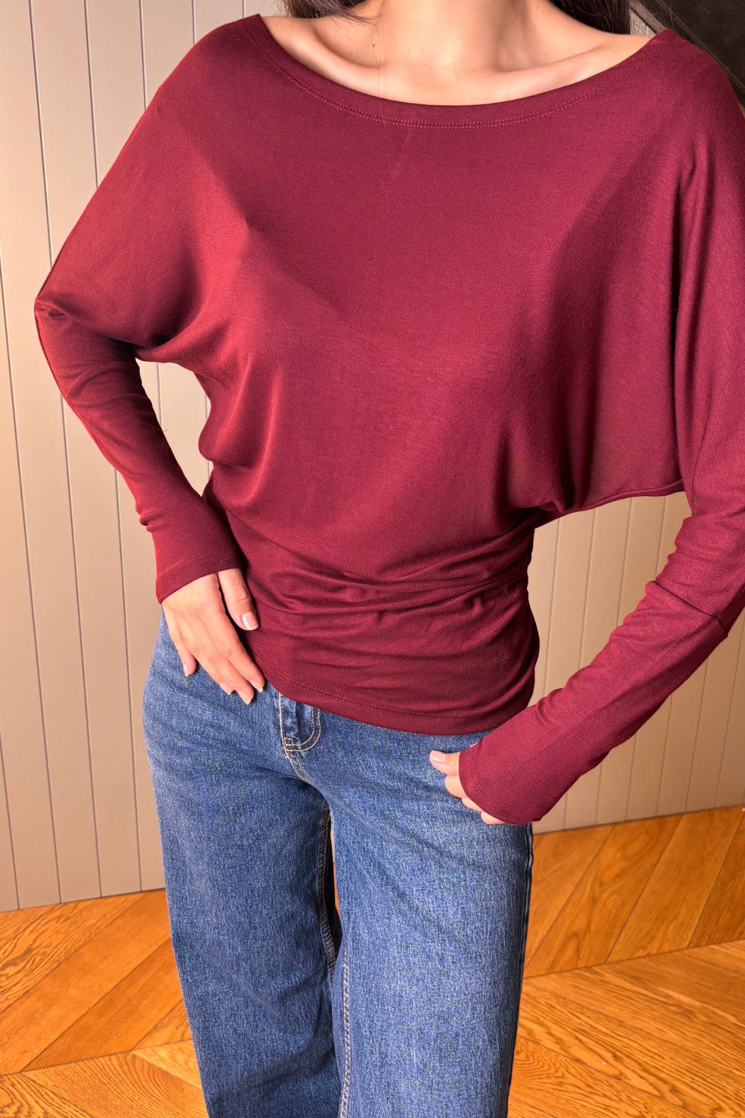 Bordo Beli Büzgülü Bluz