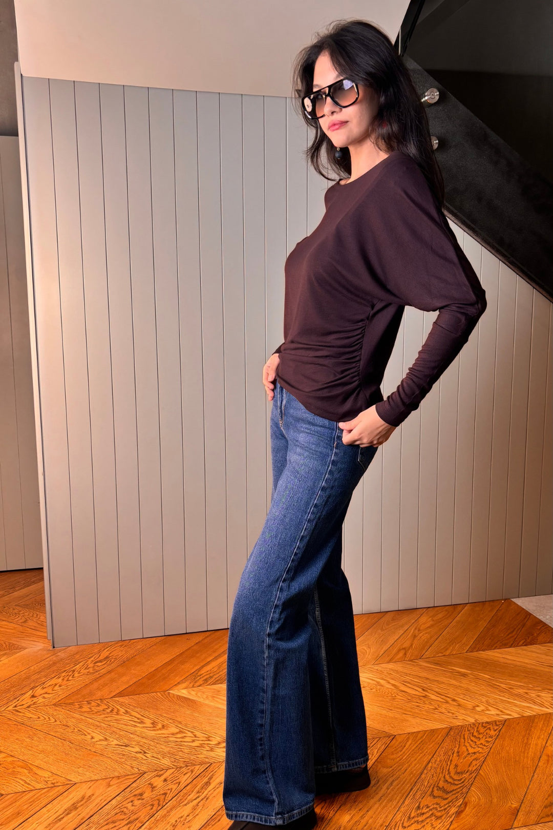 Kahverengi Beli Büzgülü Bluz