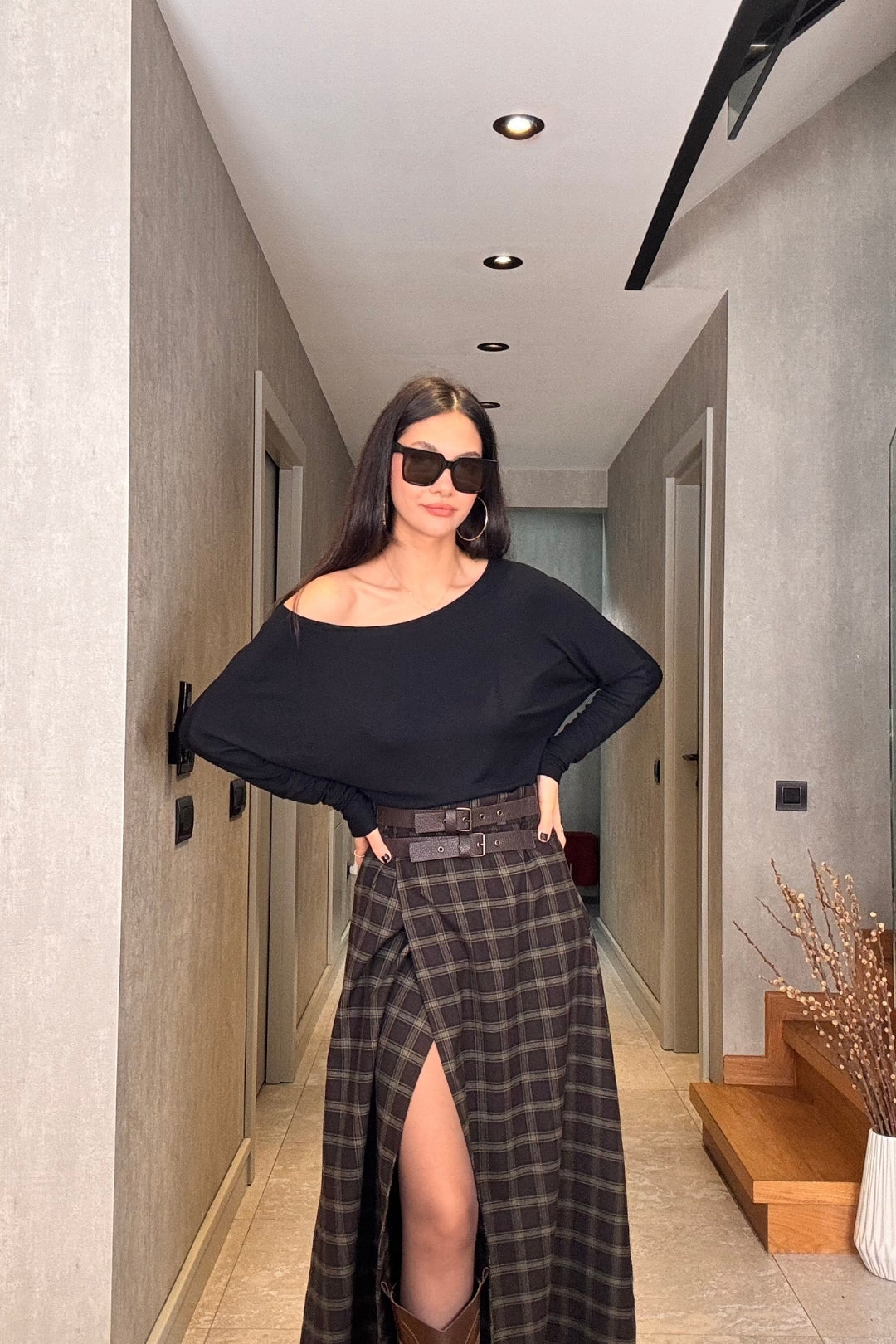 Haki Ekose Yırtmaçlı Etek