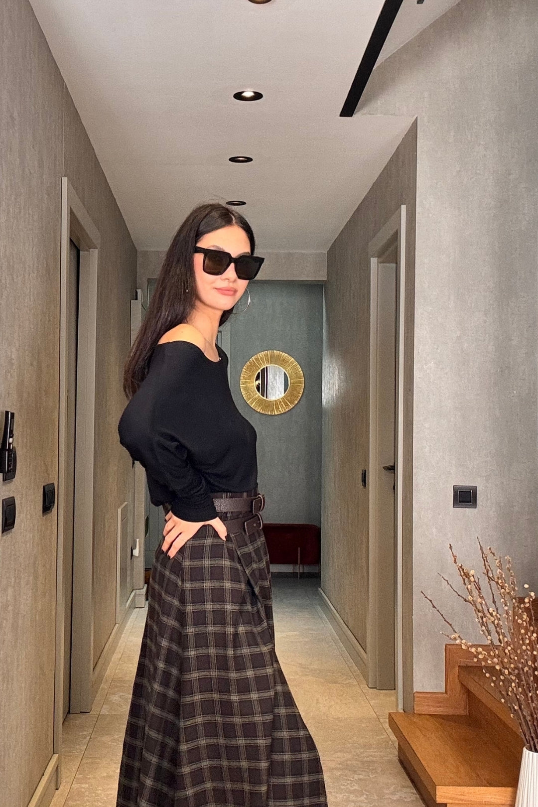 Haki Ekose Yırtmaçlı Etek