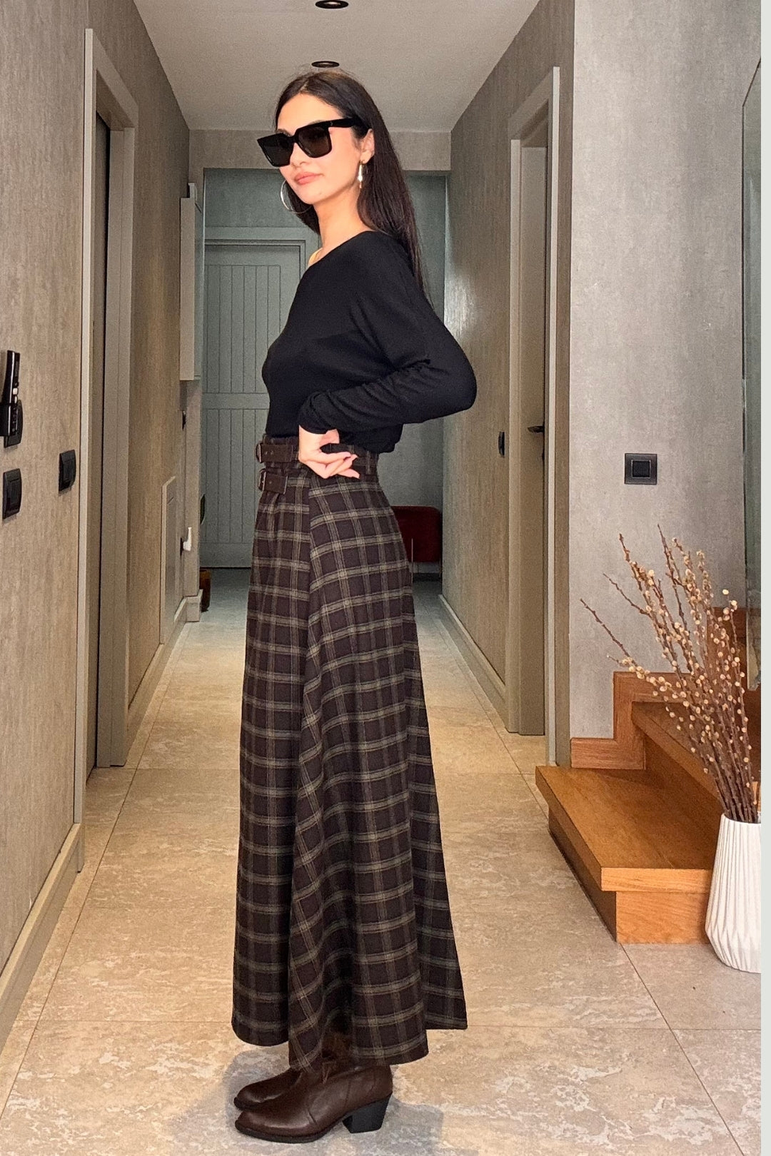 Haki Ekose Yırtmaçlı Etek