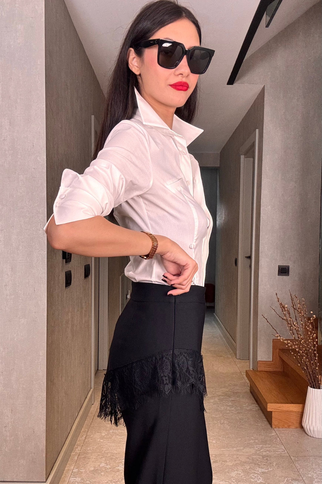 Siyah Dantel Etek Detaylı Pantolon