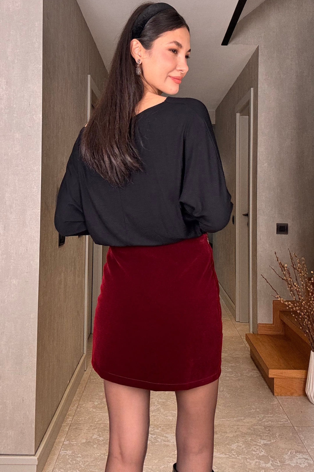 Bordo Kadife Mini Etek