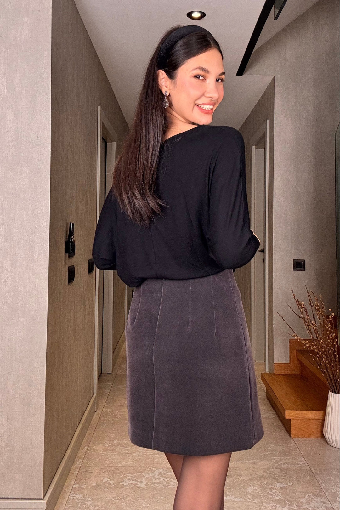 Gri Kadife Mini Etek