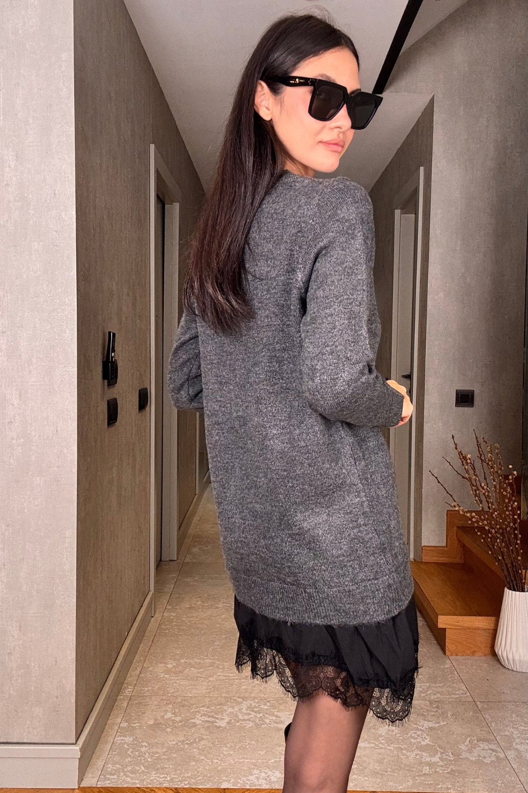 Gri Mini Dantel Detaylı Triko Elbise