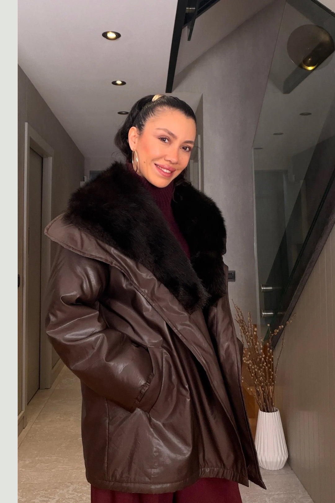 Kahverengi Kürk Yaka Mont