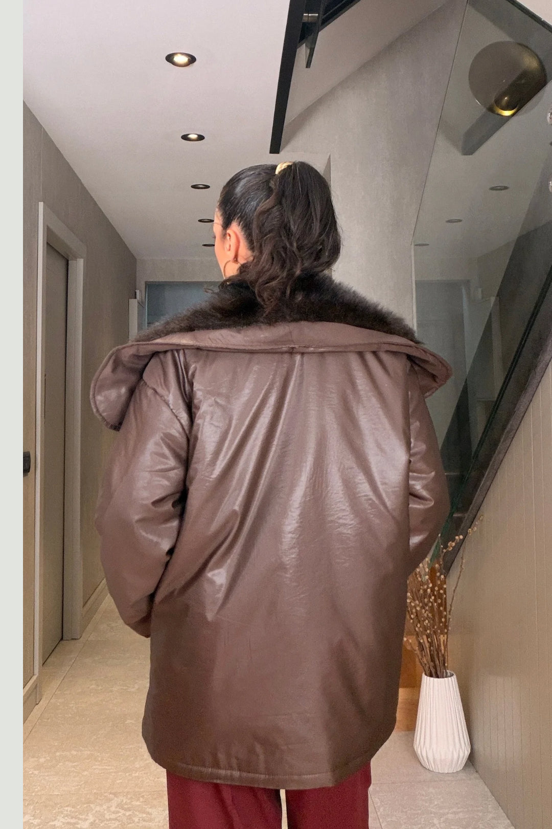 Kahverengi Kürk Yaka Mont