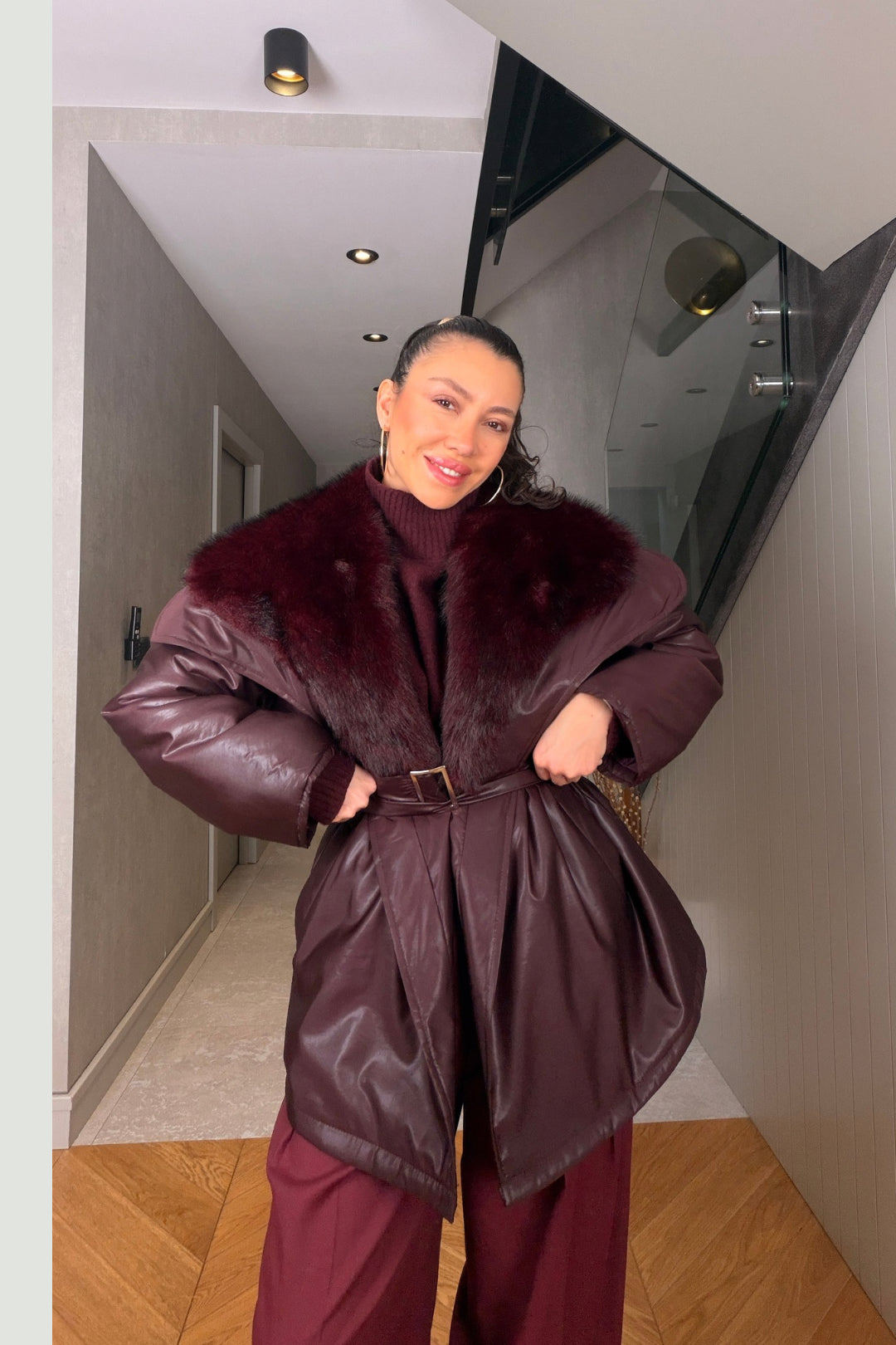 Bordo Kürk Yaka Mont