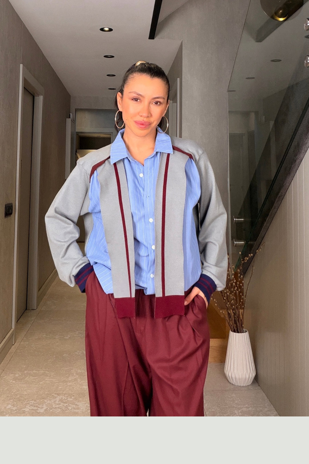 Gri Şal Detaylı Gömlek Triko