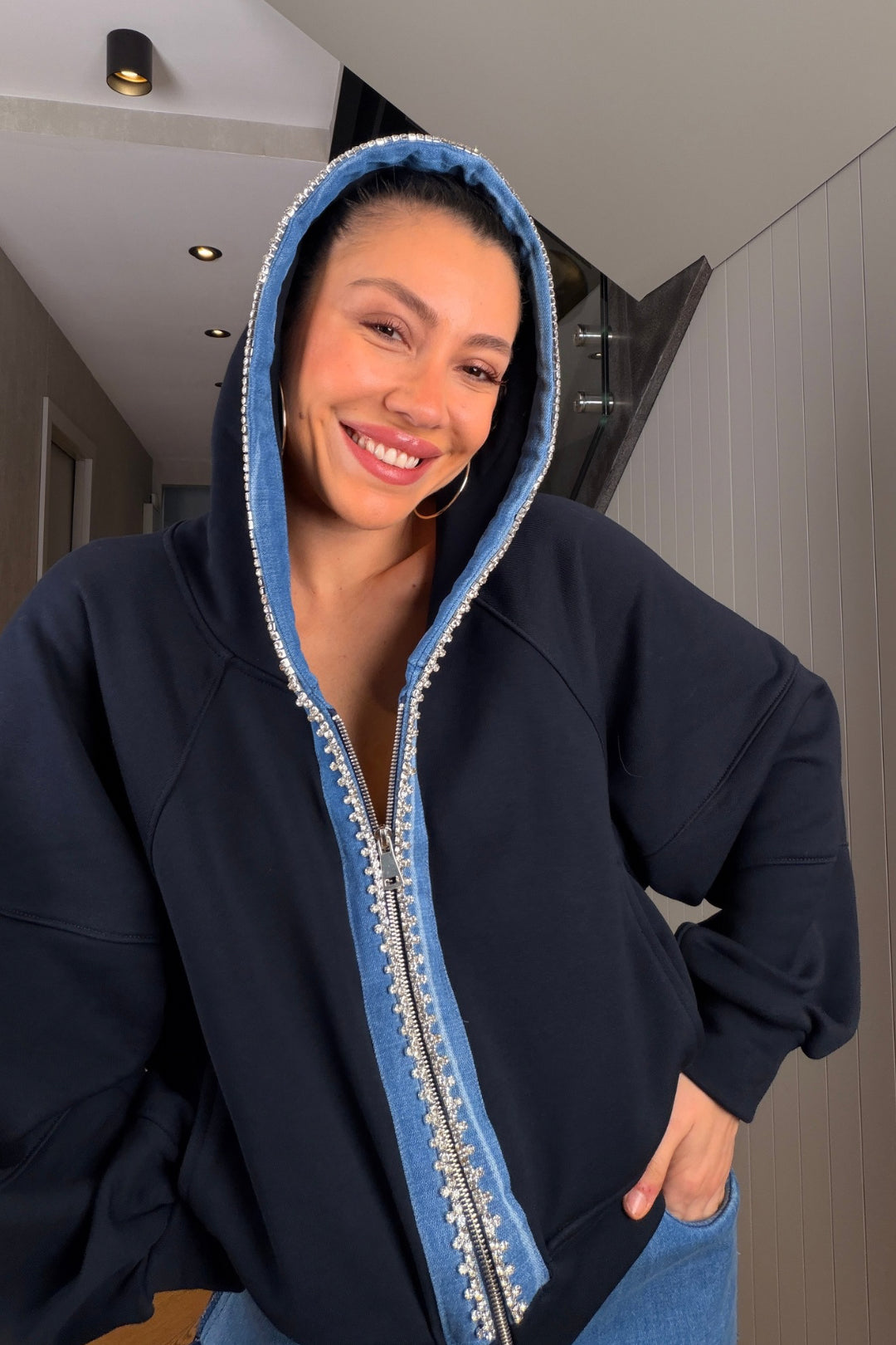 Lacivert Taşlı Kot Detaylı Eşofman Takım