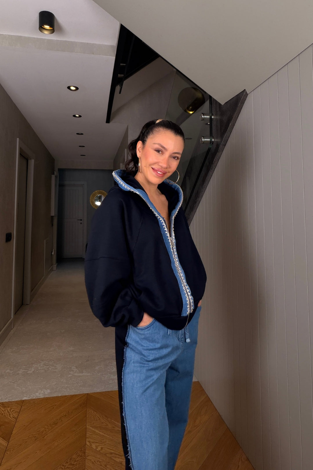 Lacivert Taşlı Kot Detaylı Eşofman Takım