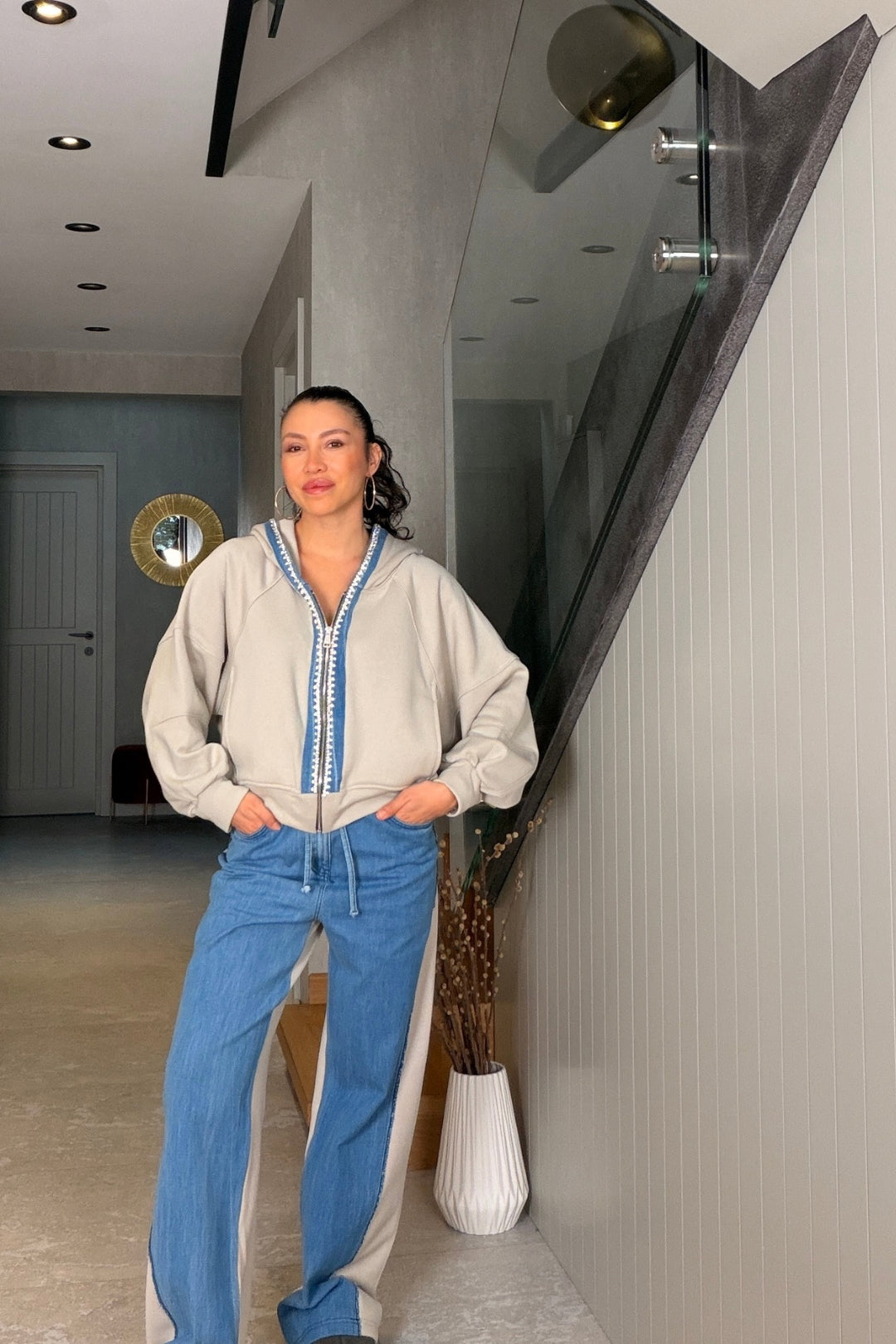 Bej Taşlı Kot Detaylı Eşofman Takım