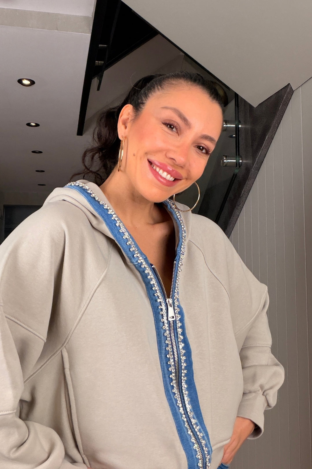 Bej Taşlı Kot Detaylı Eşofman Takım