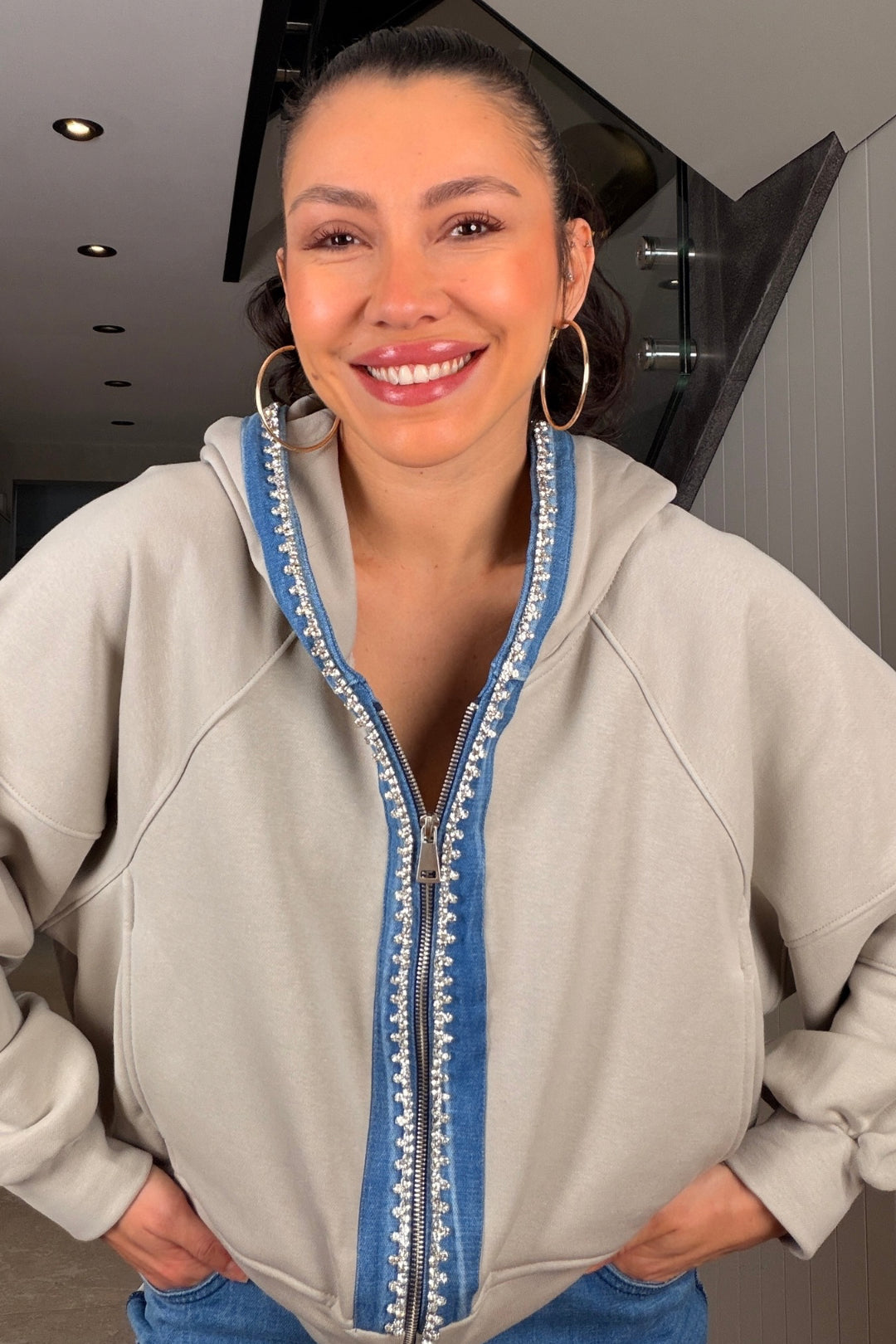 Bej Taşlı Kot Detaylı Eşofman Takım