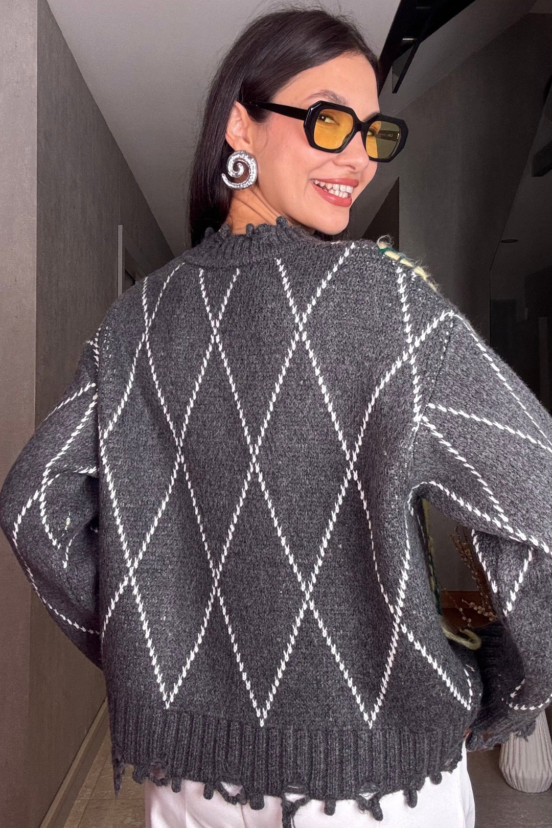 Gri Baklava Desen Premium Hırka