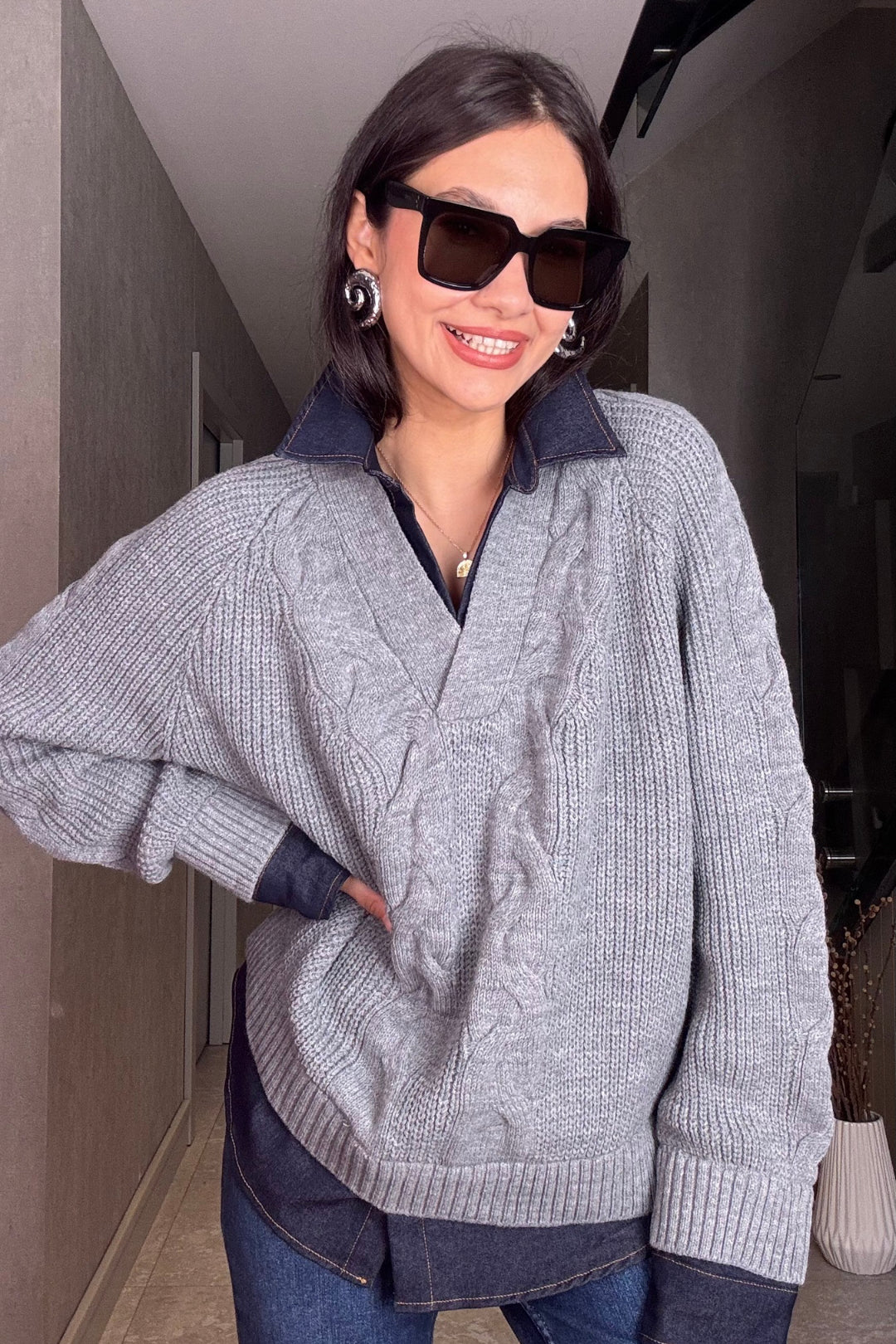 Jean Detaylı Gri Triko