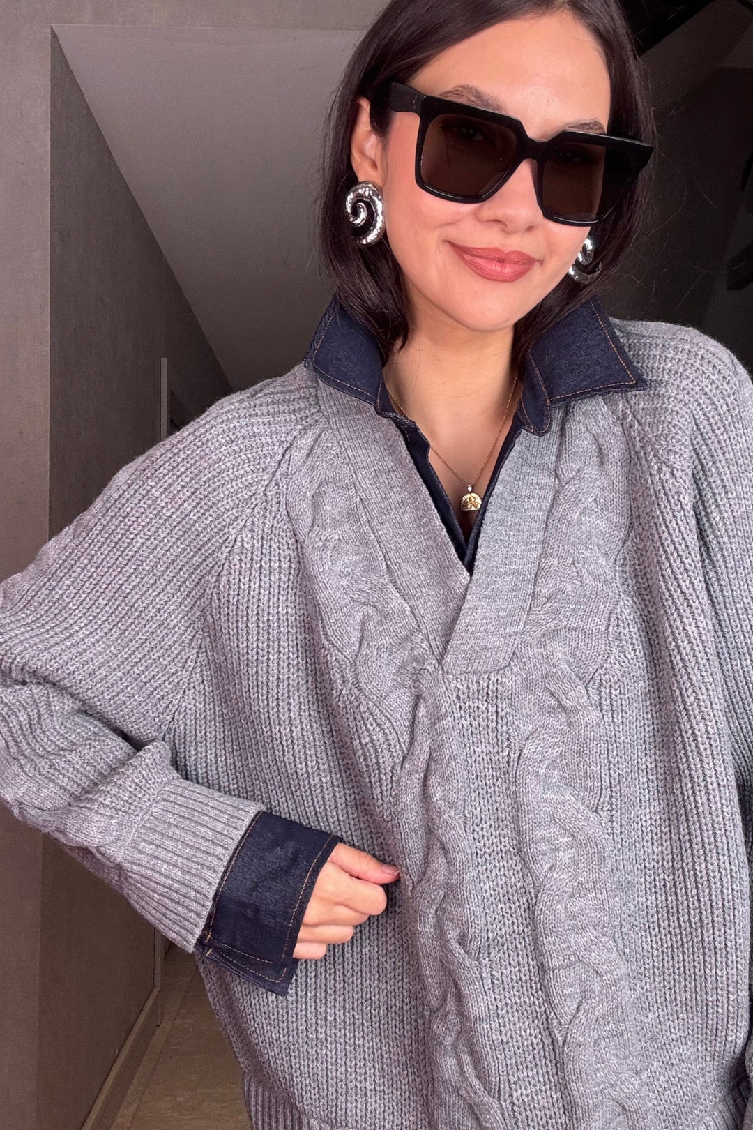 Jean Detaylı Gri Triko