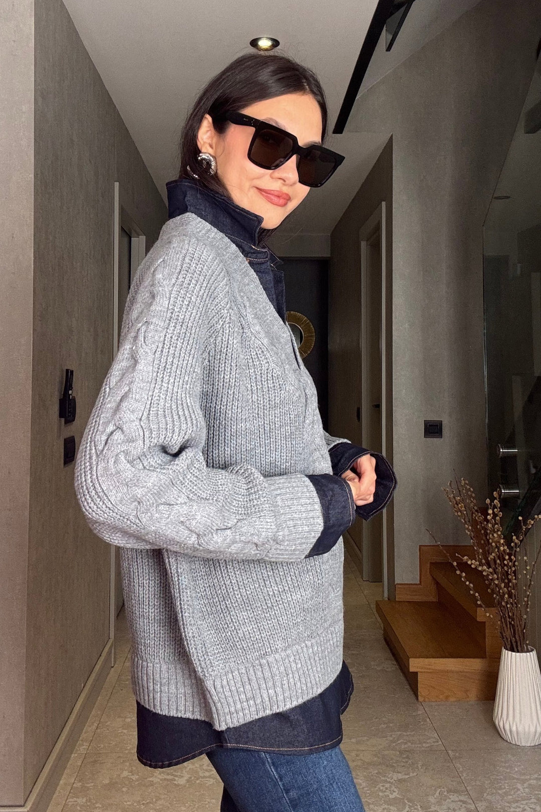 Jean Detaylı Gri Triko