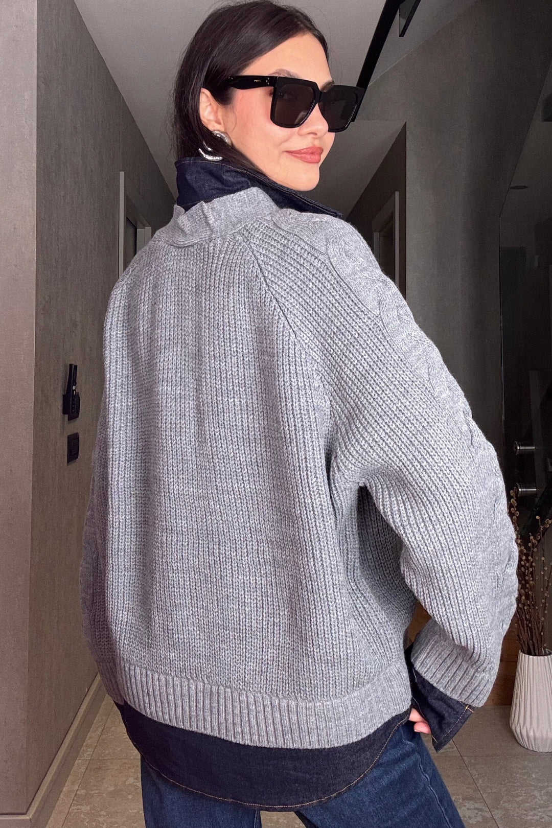 Jean Detaylı Gri Triko