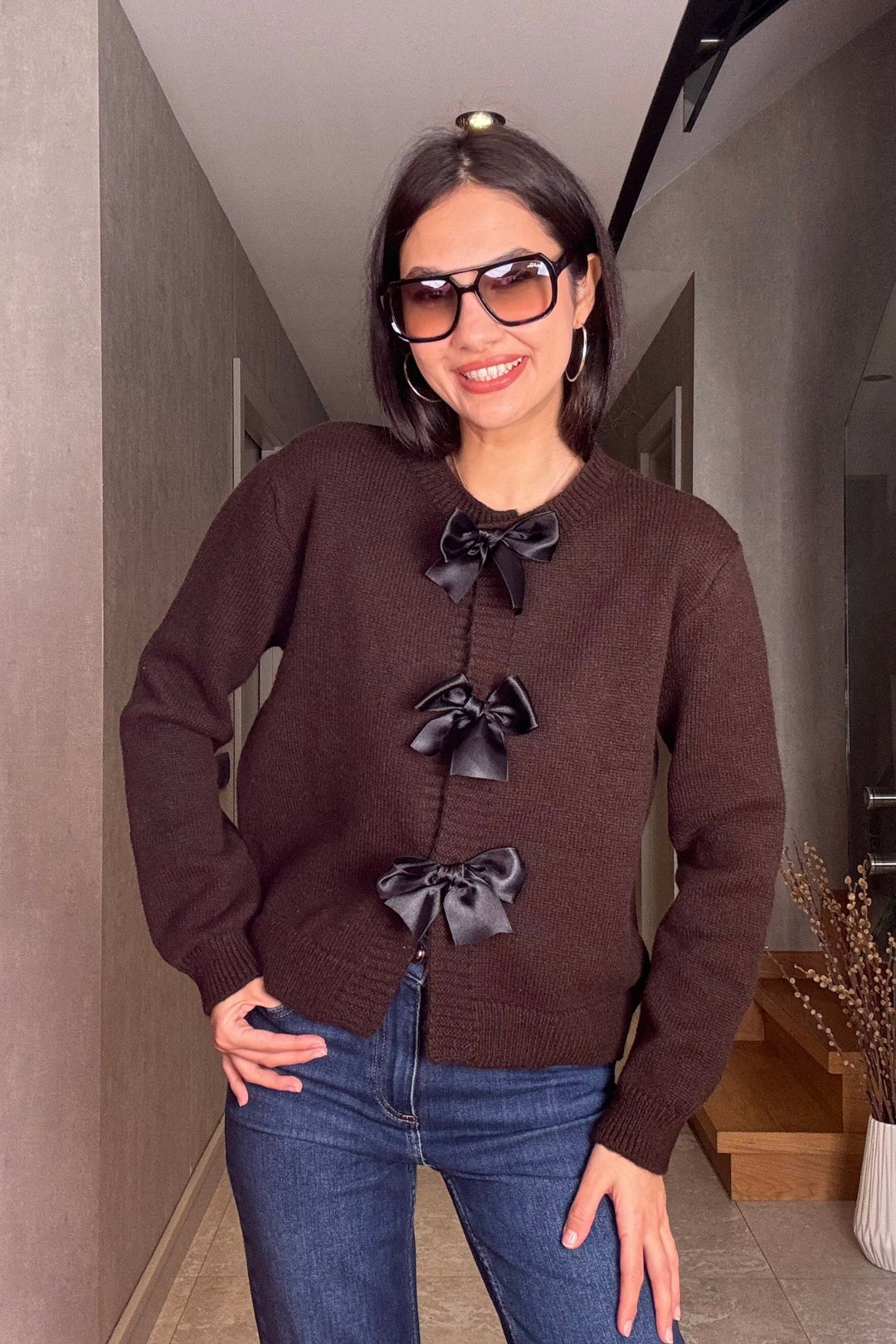 Kahverengi Fiyonklu Hırka