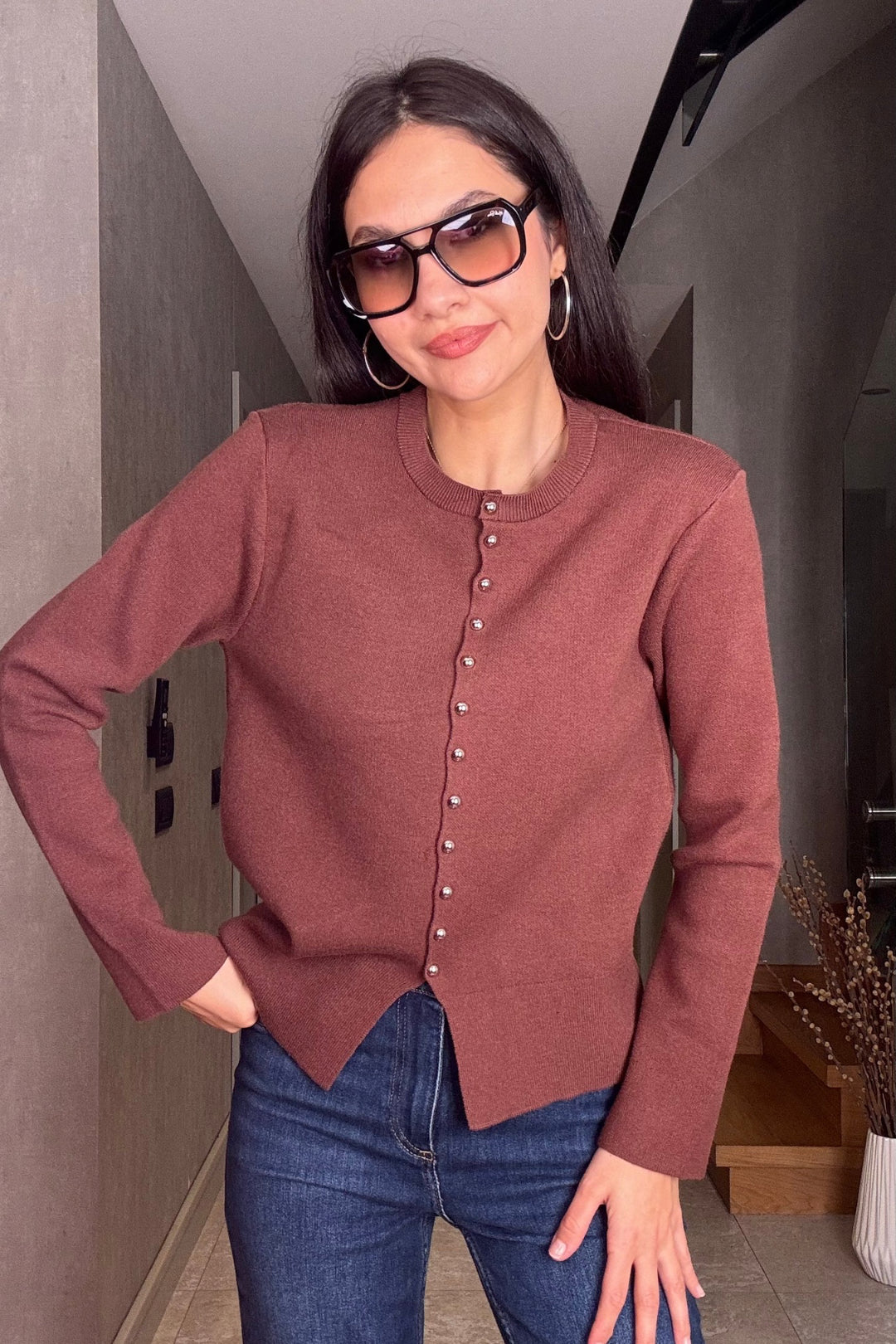 Kahverengi Metal Düğmeli Hırka