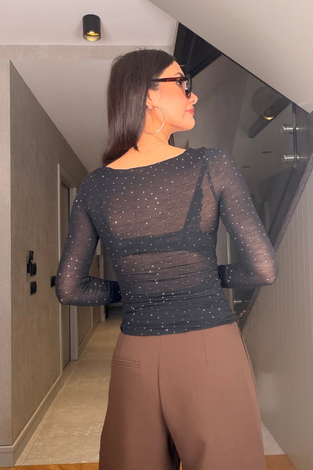 Siyah Taşlı Transparan Bluz