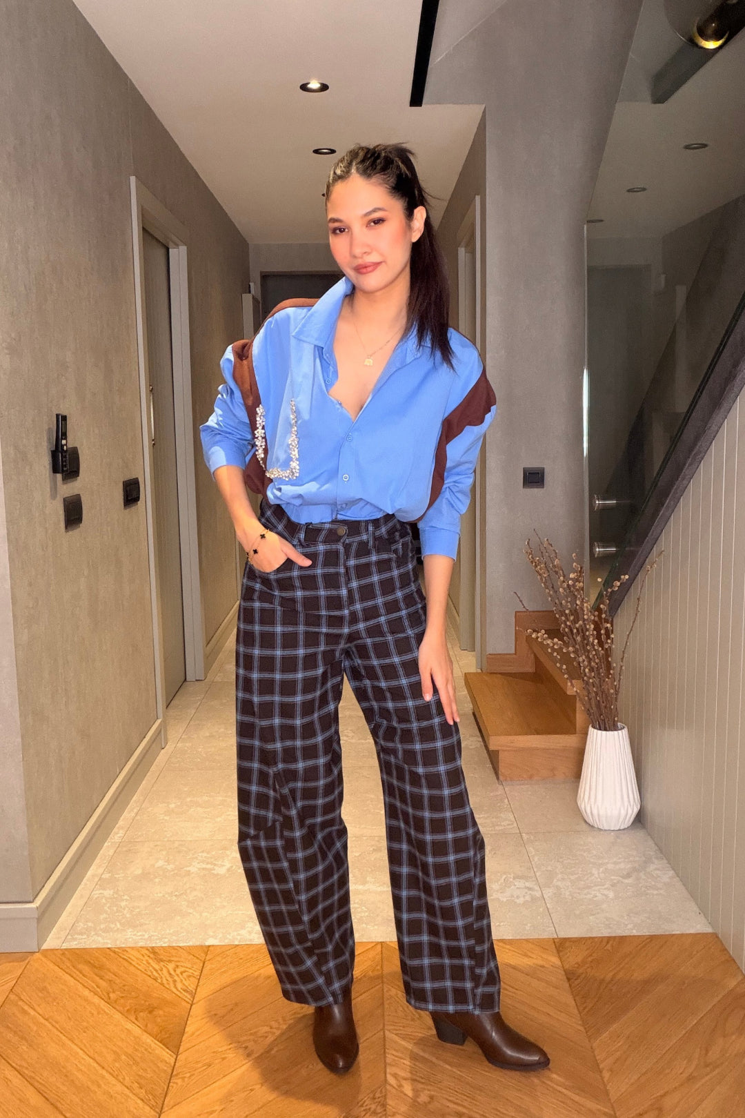 Kahverengi Mavi Ekose Balon Pantolon