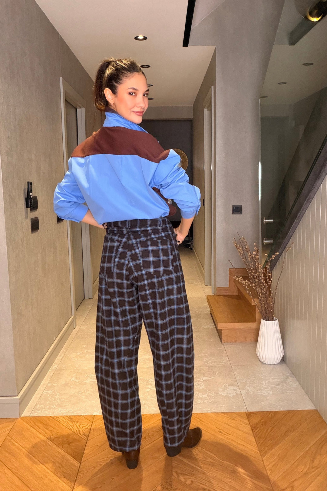 Kahverengi Mavi Ekose Balon Pantolon