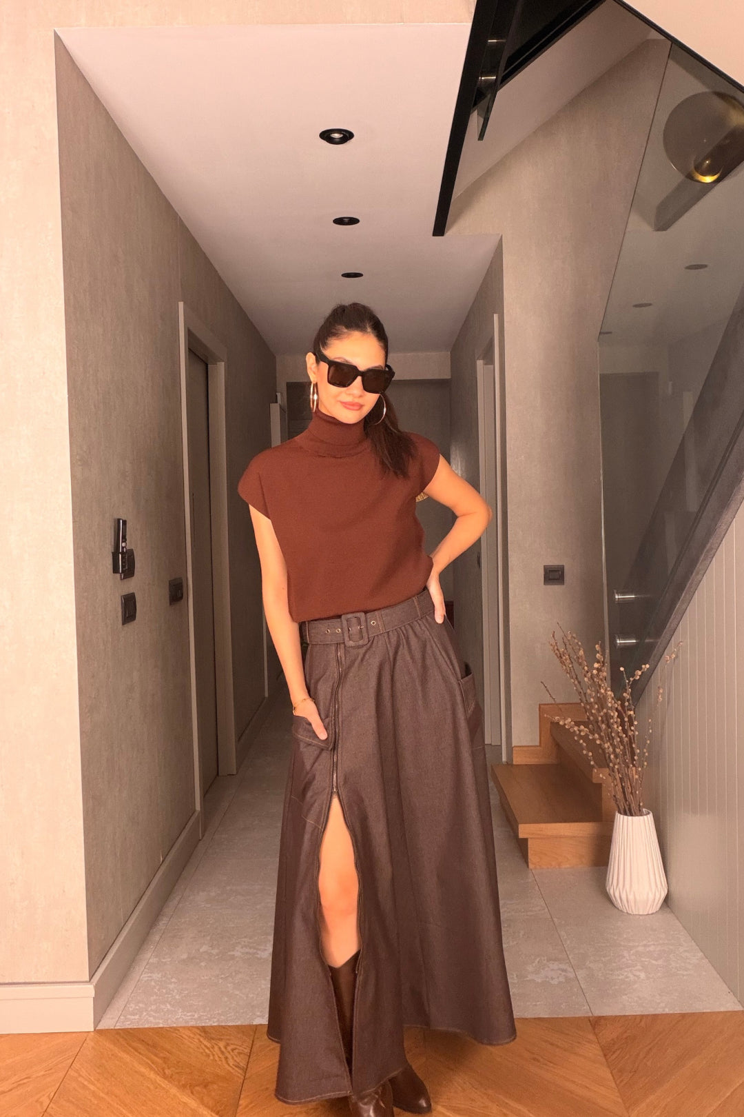 Kahverengi Fermuarlı Jean Etek