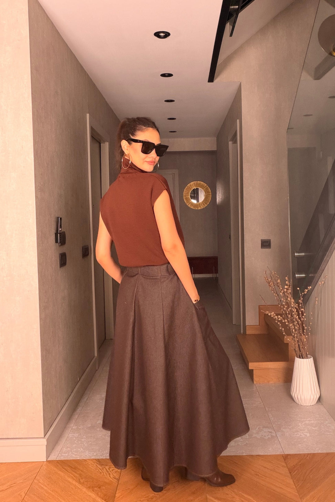 Kahverengi Fermuarlı Jean Etek