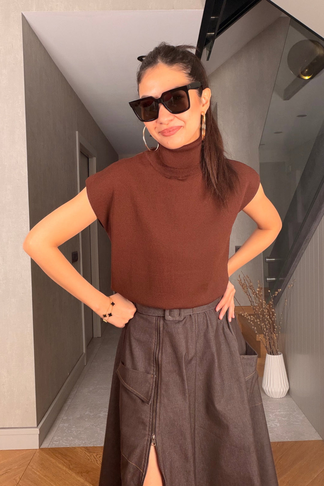 Kahverengi Fermuarlı Jean Etek