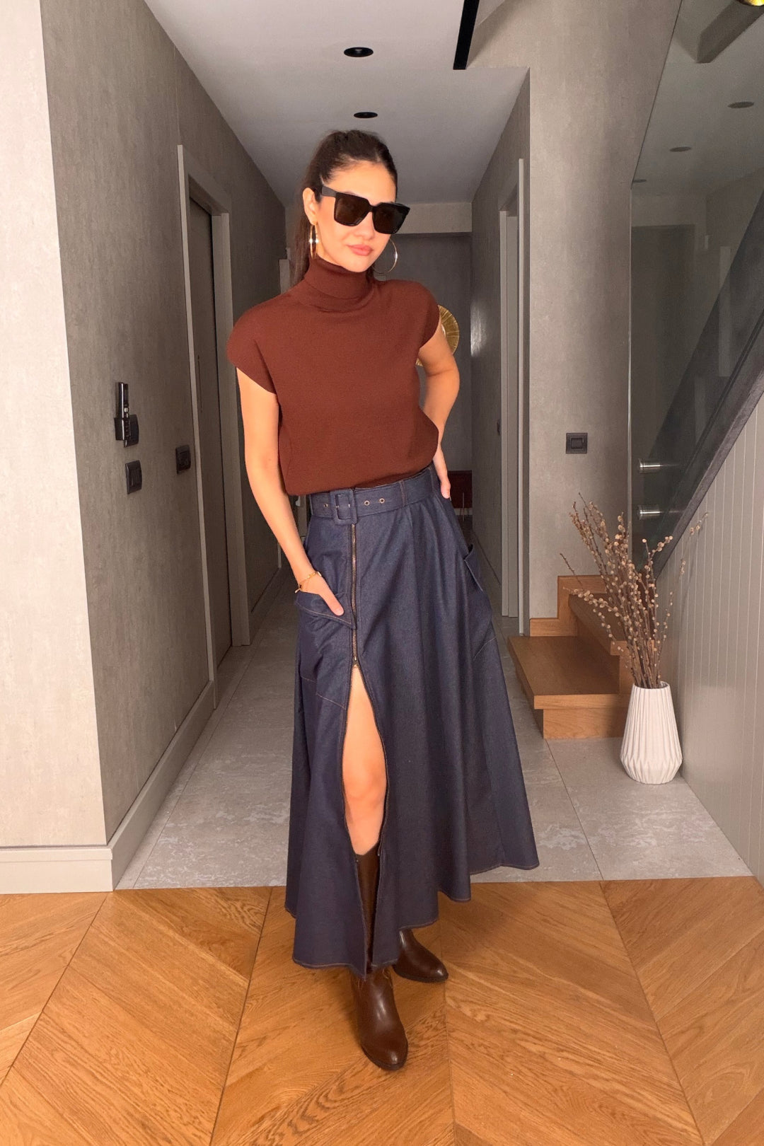 Mavi Fermuarlı Jean Etek