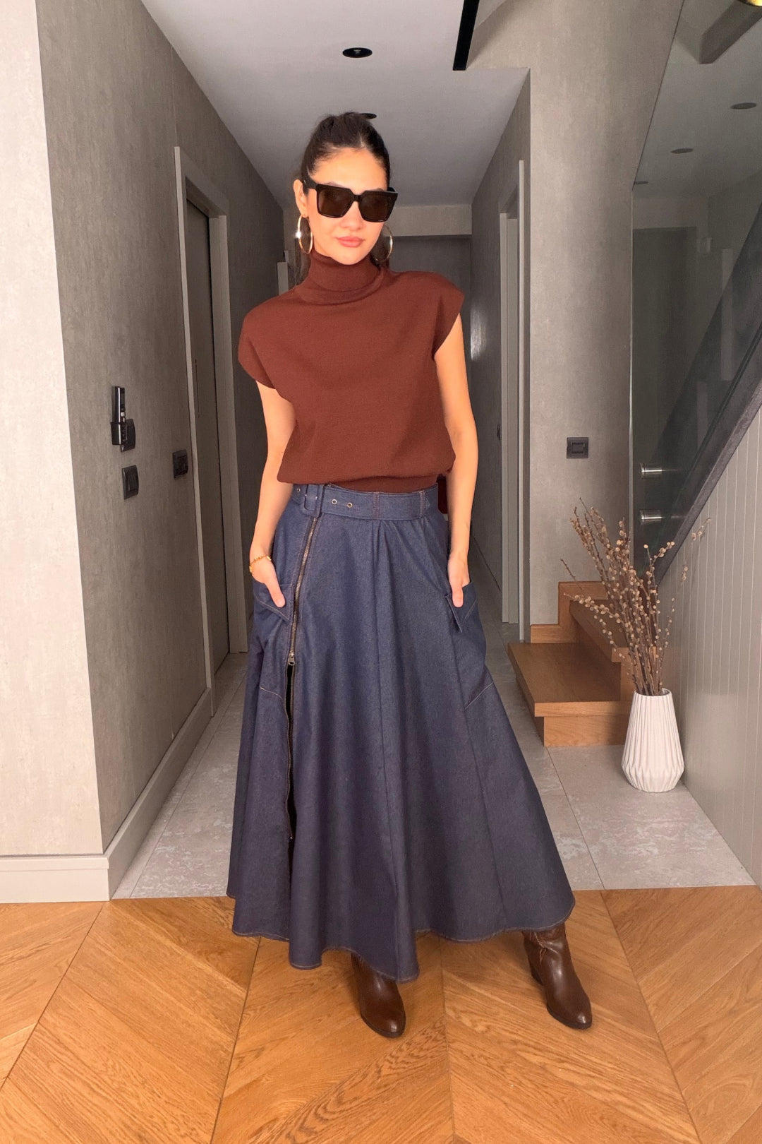 Mavi Fermuarlı Jean Etek