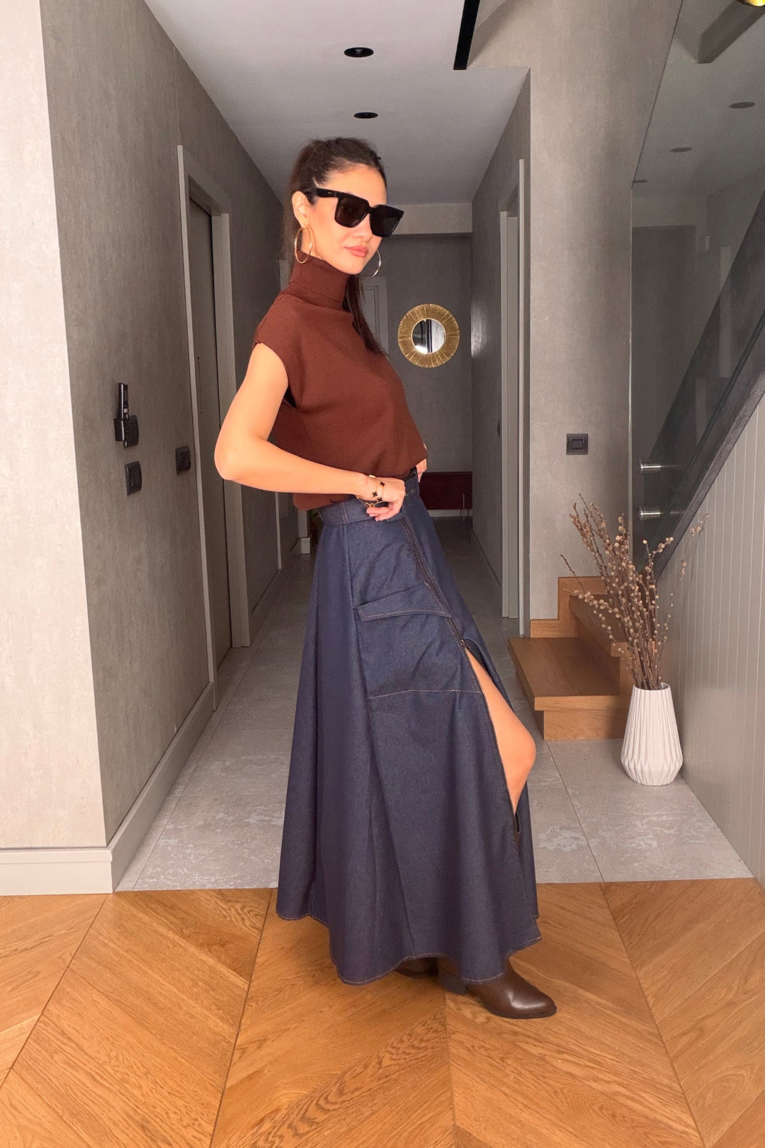 Mavi Fermuarlı Jean Etek