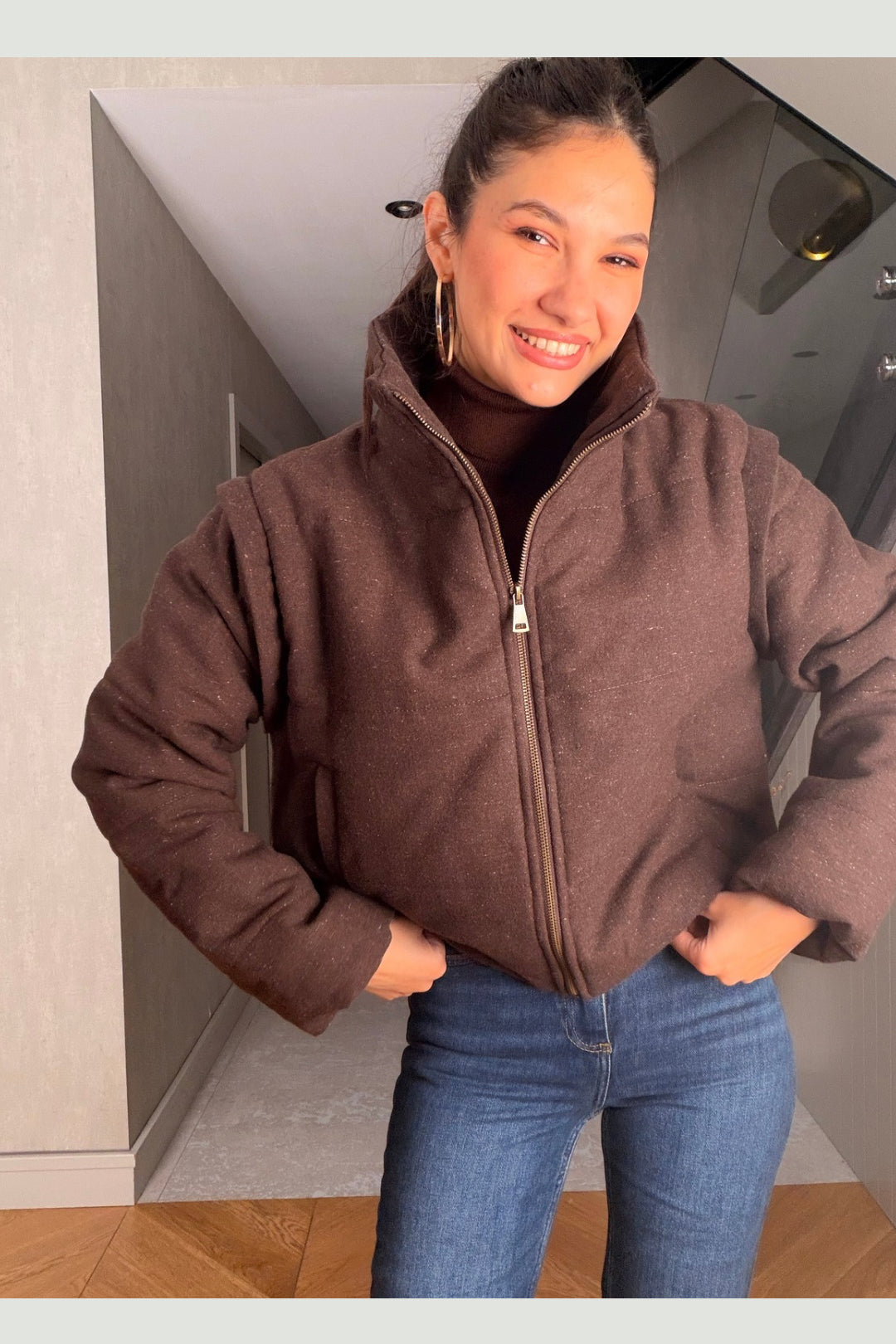 Kahverengi  Tüvit Yelek Mont