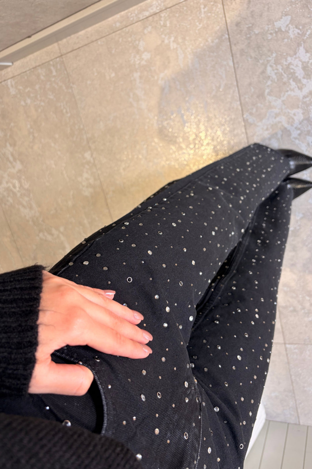 Siyah Taşlı Palazzo Jean Pantolon