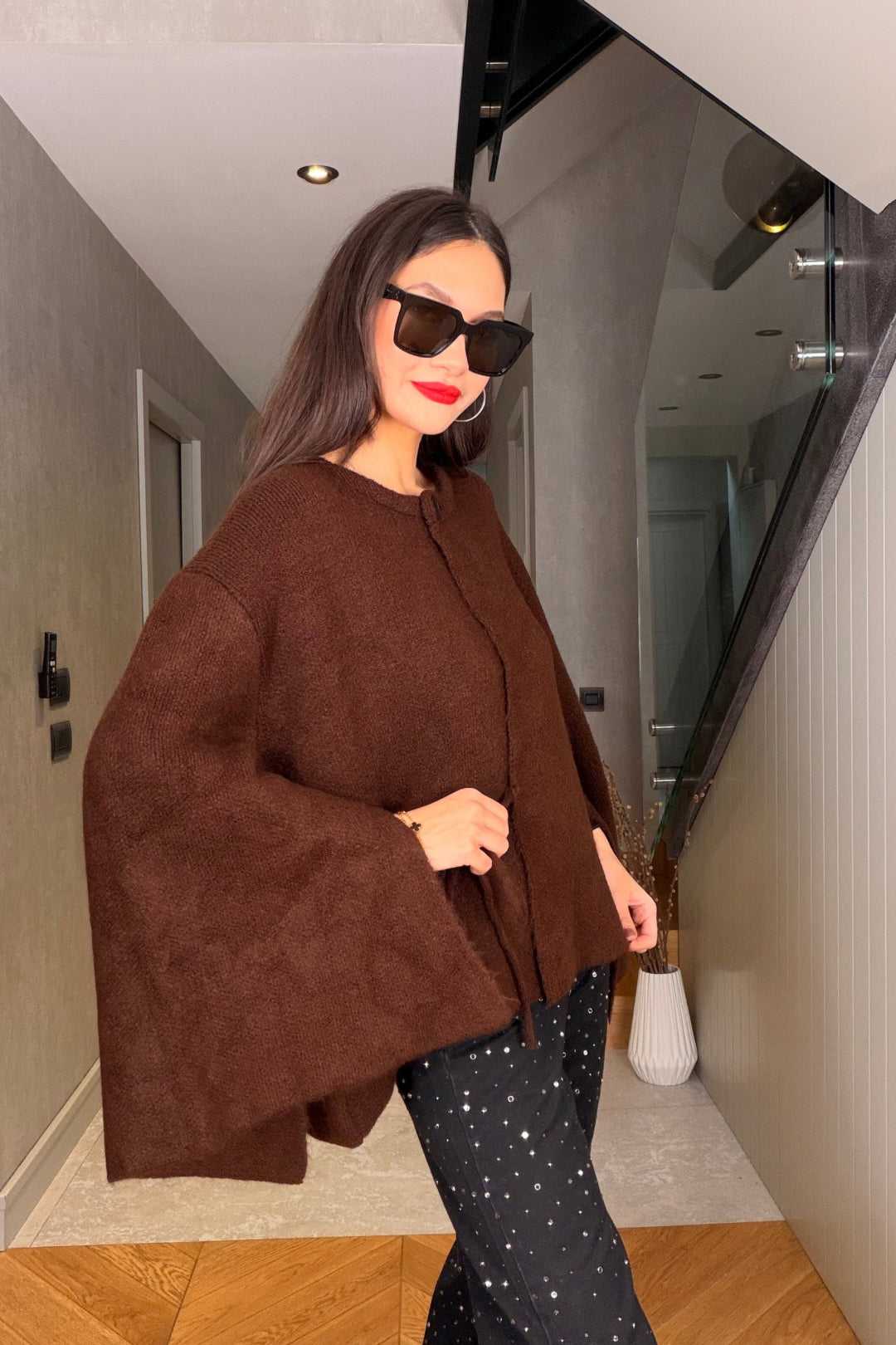 Kahverengi Yarasa Kol Hırka