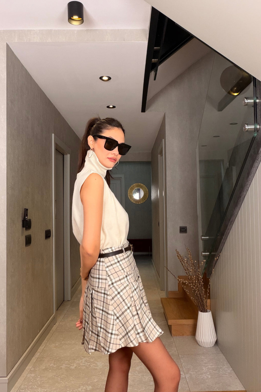 Bej Ekose Mini Şort Etek