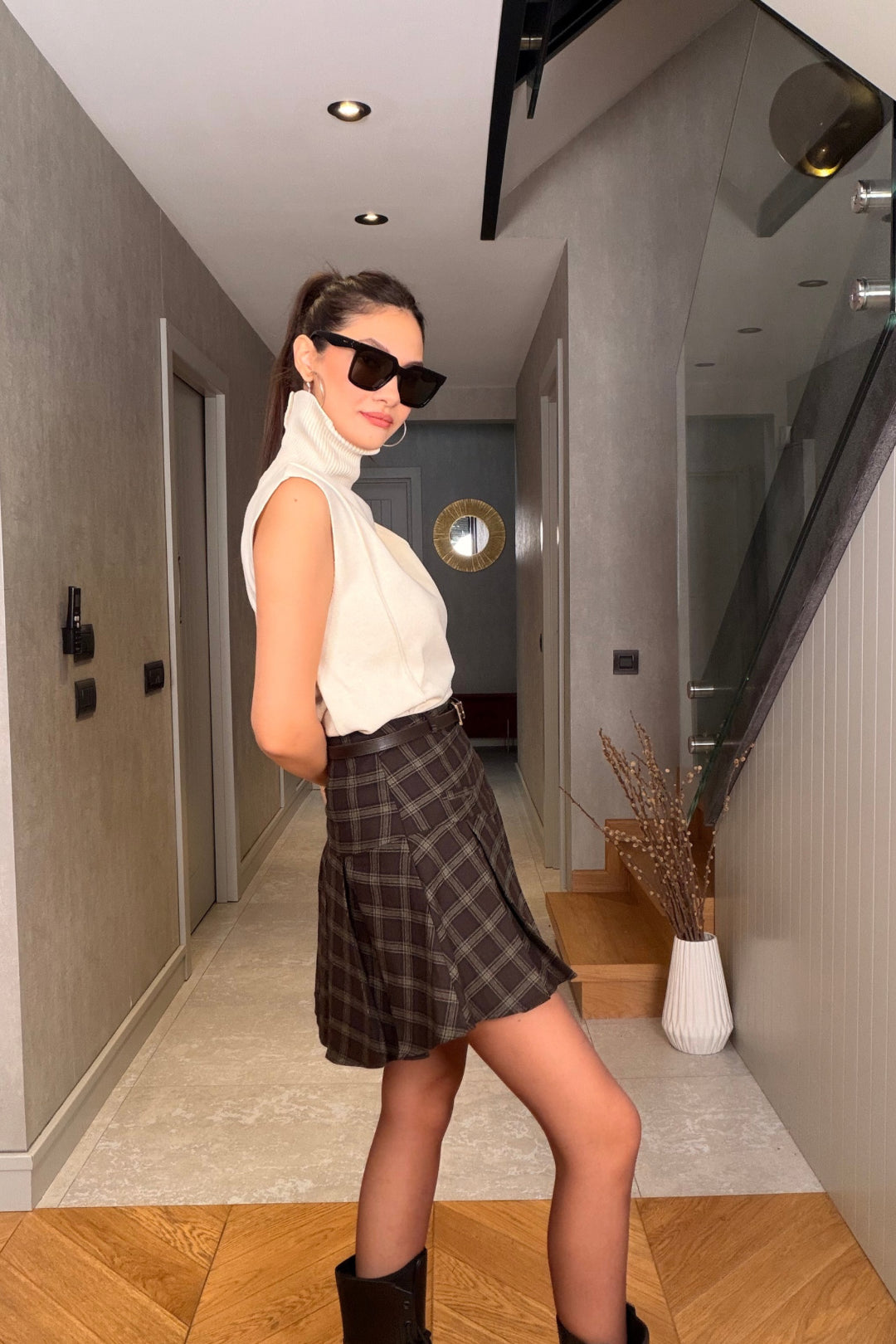 Haki Ekose Mini Şort Etek