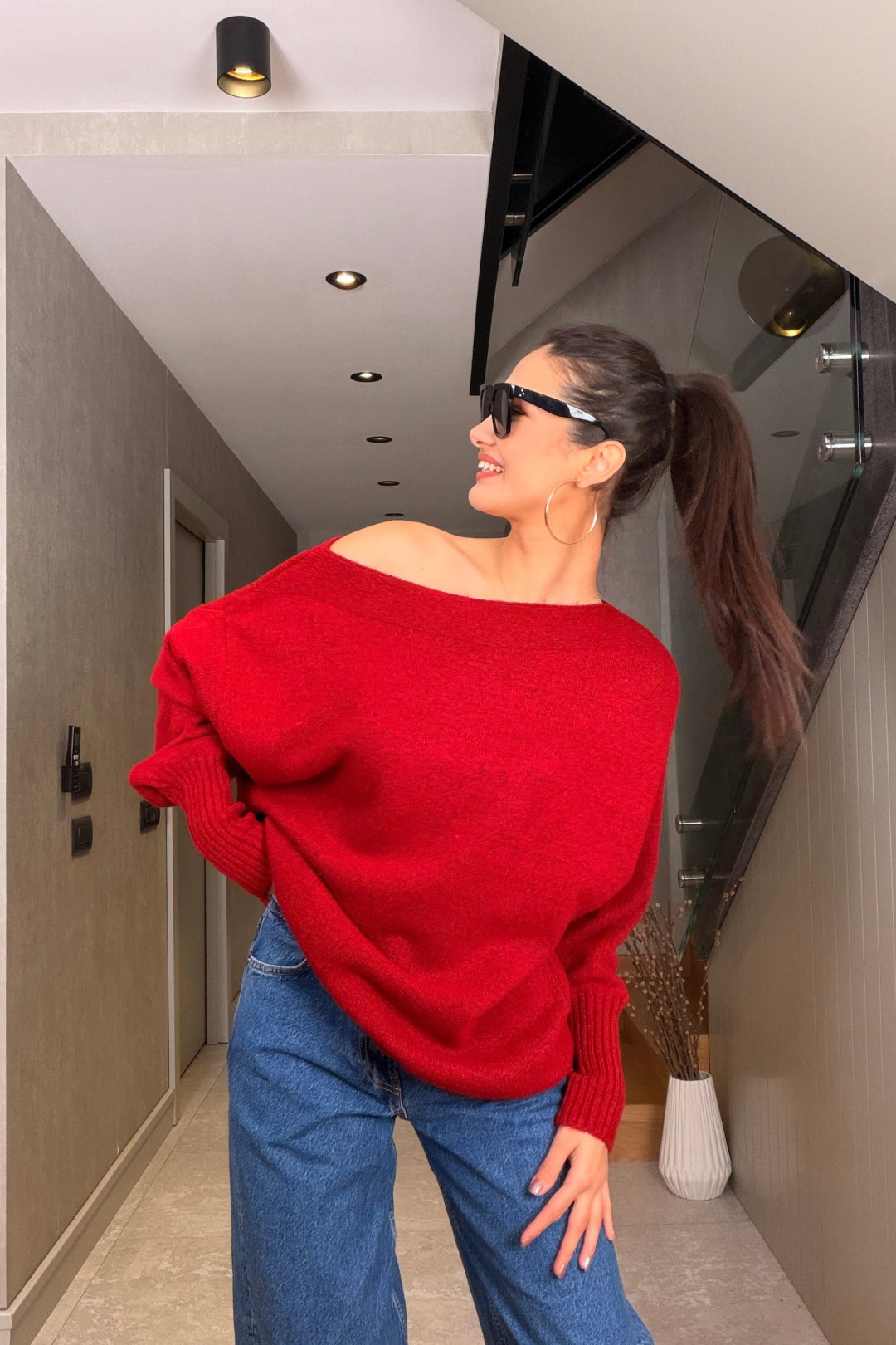 Kırmızı Kayık Yaka Triko