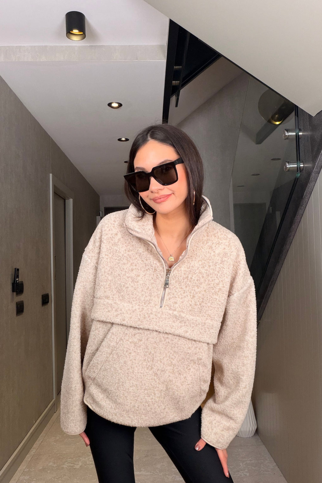 Ekru Fermuarlı Yumoş Polar