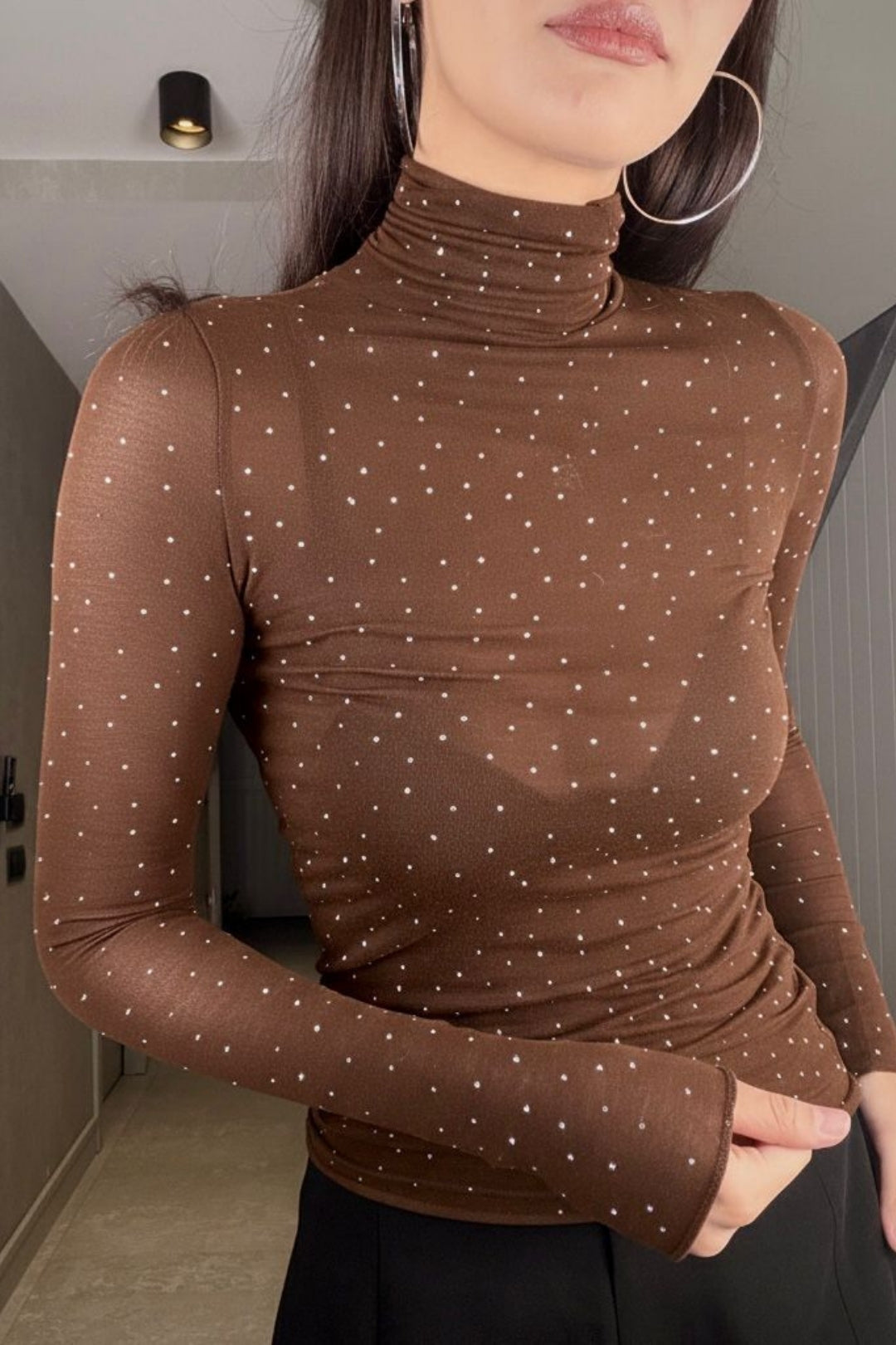 Kahverengi Taşlı Boğazlı Transparan Bluz