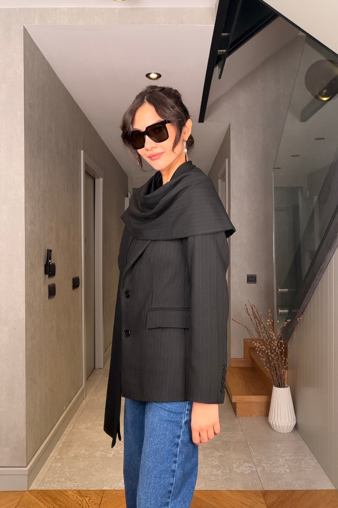 Siyah Çizgili Premium Şallı Ceket