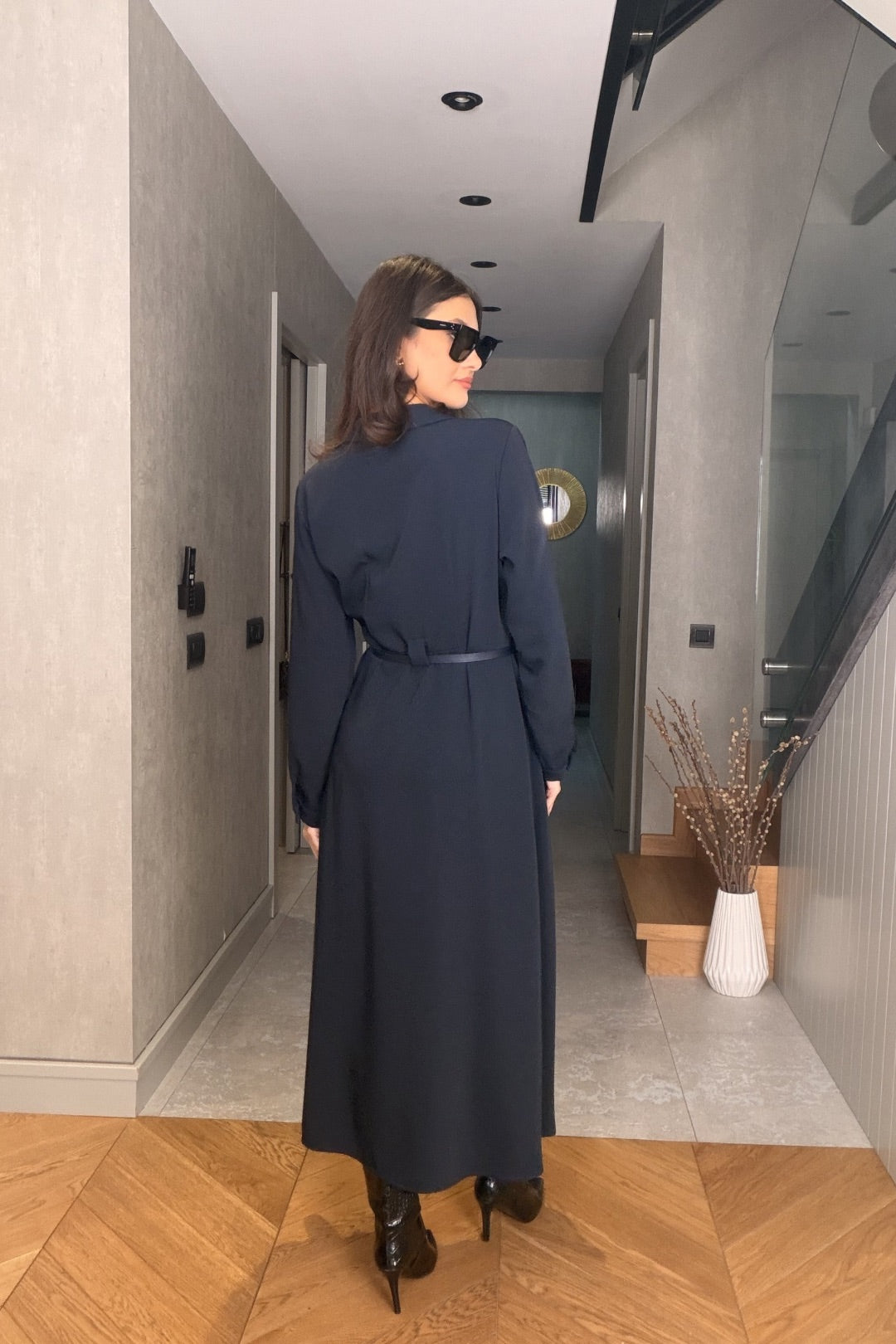 Lacivert Kemerli Maxi Elbise