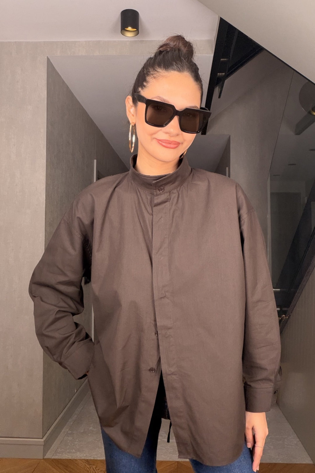 Kahverengi Belden Bağlamalı Gömlek