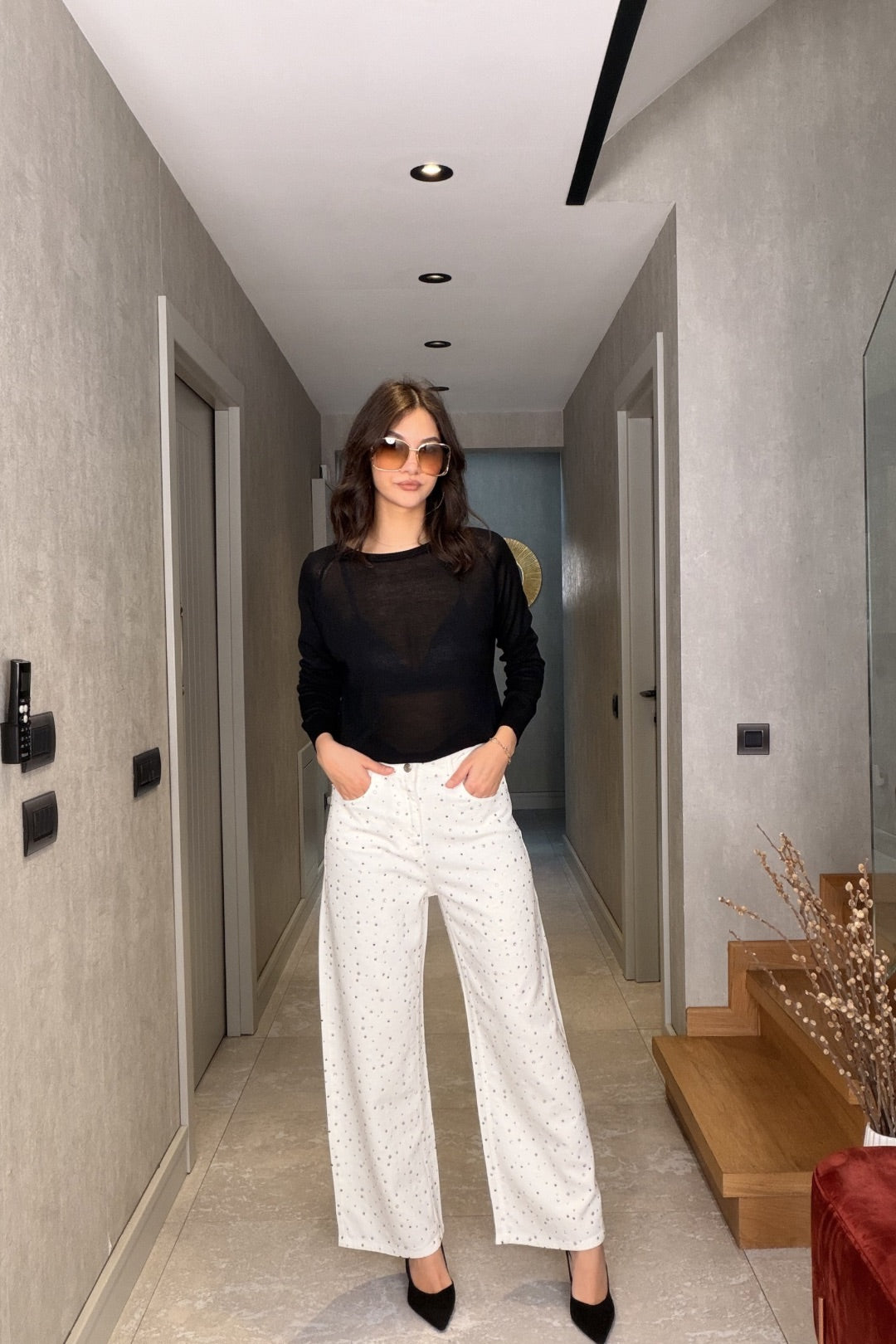 Beyaz Taşlı Jean Pantolon