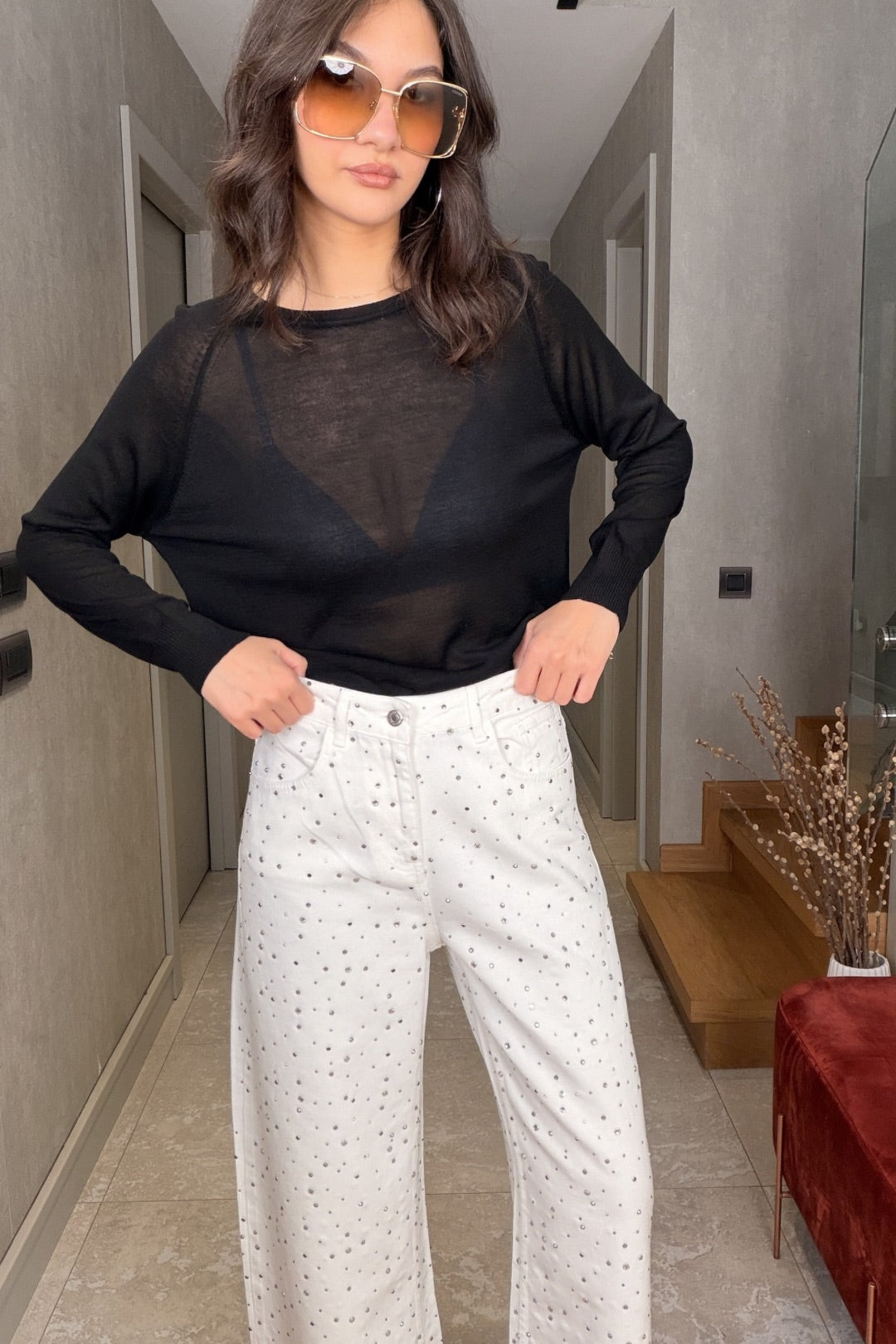 Beyaz Taşlı Jean Pantolon