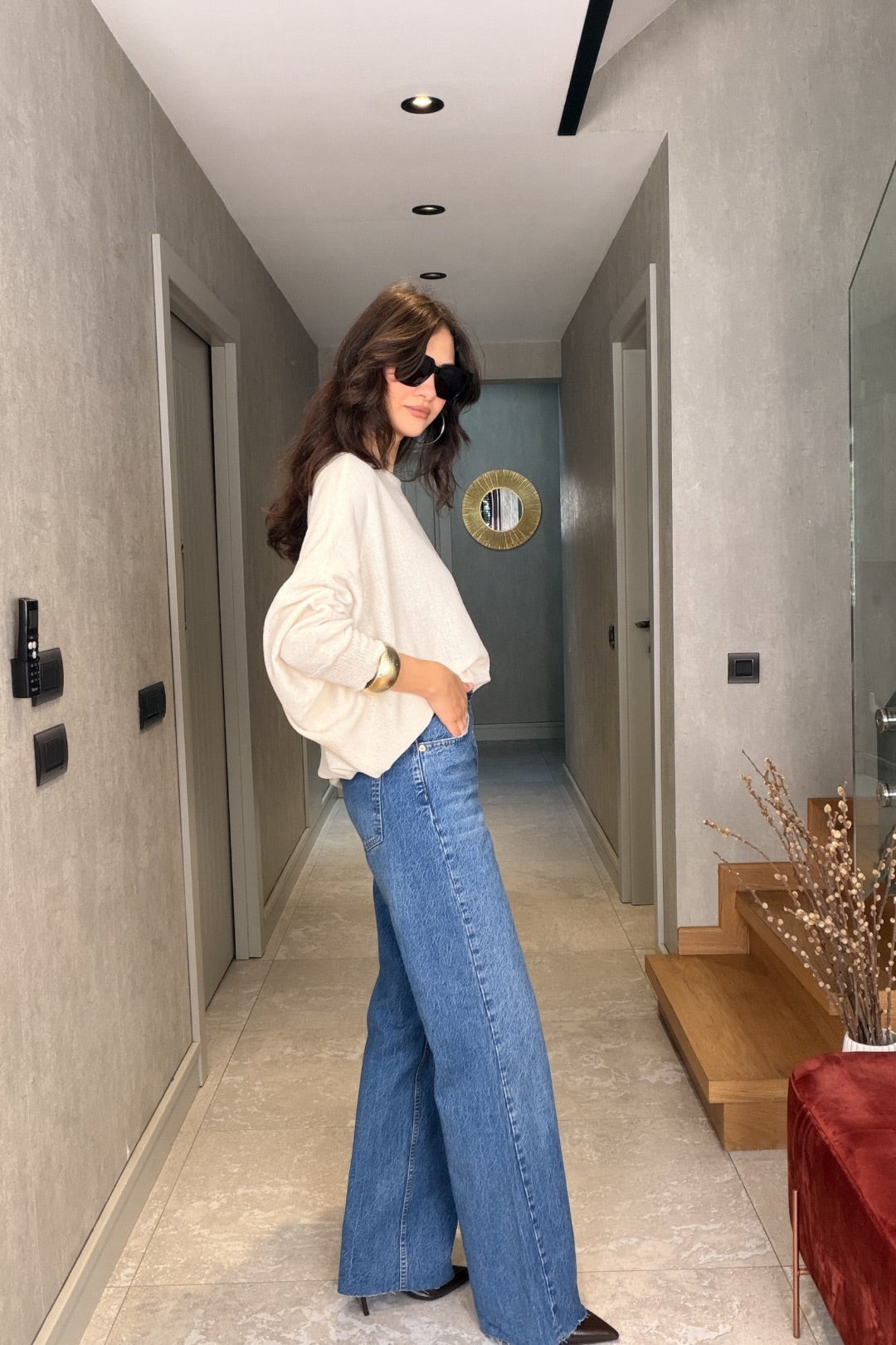 Mavi Kesik Paça Palazzo Jean Pantolon